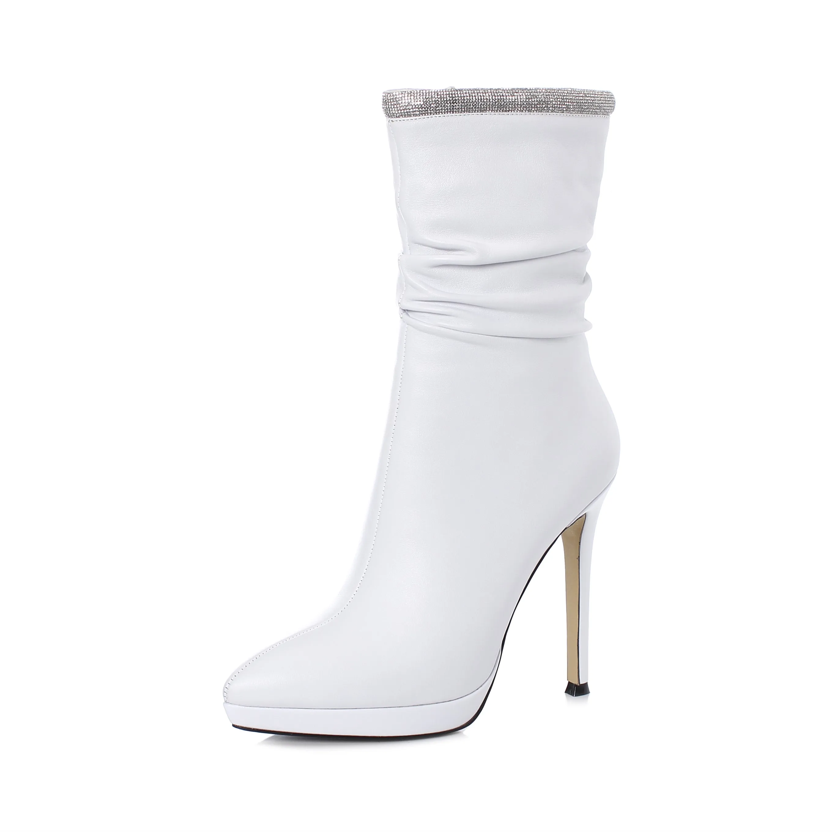 TinaCus Women's Handmade Leather Spikes-Stiletto High Heel Platform Pointed Toe Side Zip Up Glitter Mid-Calf Boots
