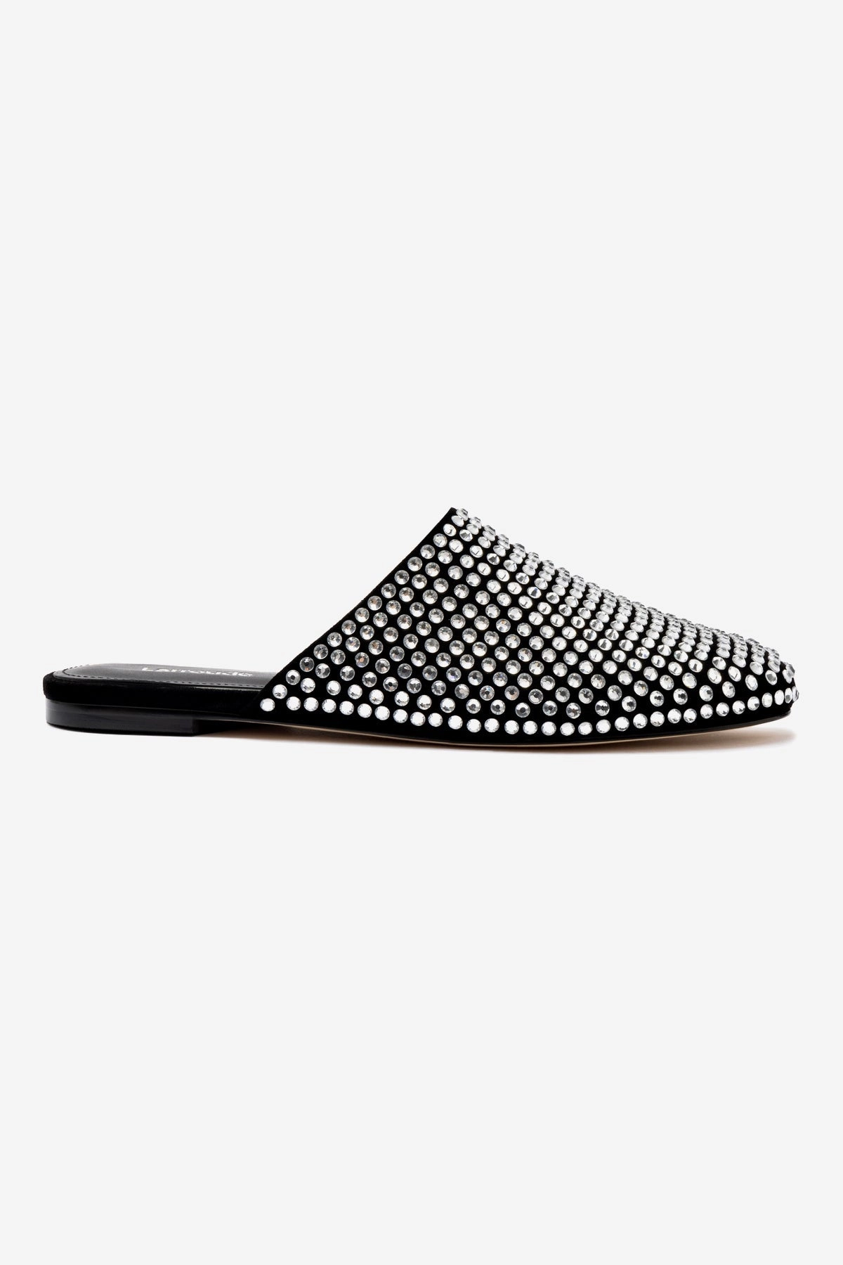 Venice Flat Mule Crystal In Black Suede Open Glow Lightweight Support