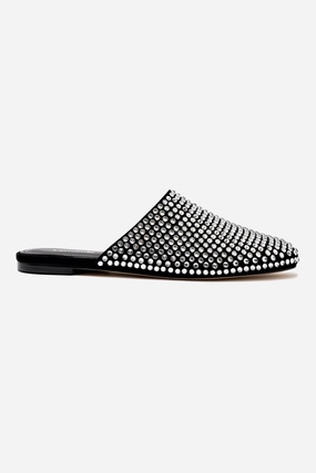 Venice Flat Mule Crystal In Black Suede Open Glow Lightweight Support