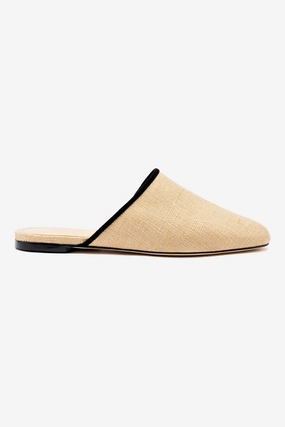 Cliff Glow Venice Flat Mule In Beige Raffia and Black Trimming