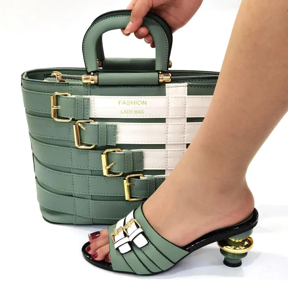 VENUS CHAN Classy Casual Round Heel Slip On Shoes with Matching Bag
