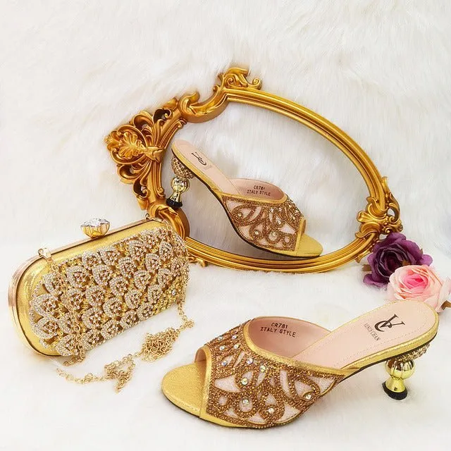 VENUS CHAN Rhinestone Accented Slip-On Heel Shoes with Matching Bag