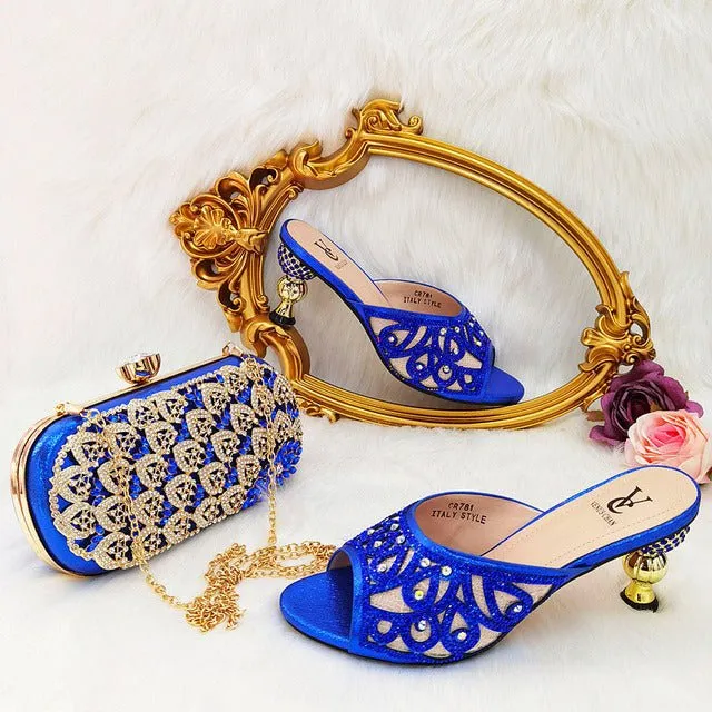 VENUS CHAN Rhinestone Accented Slip-On Heel Shoes with Matching Bag