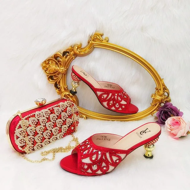 VENUS CHAN Rhinestone Accented Slip-On Heel Shoes with Matching Bag
