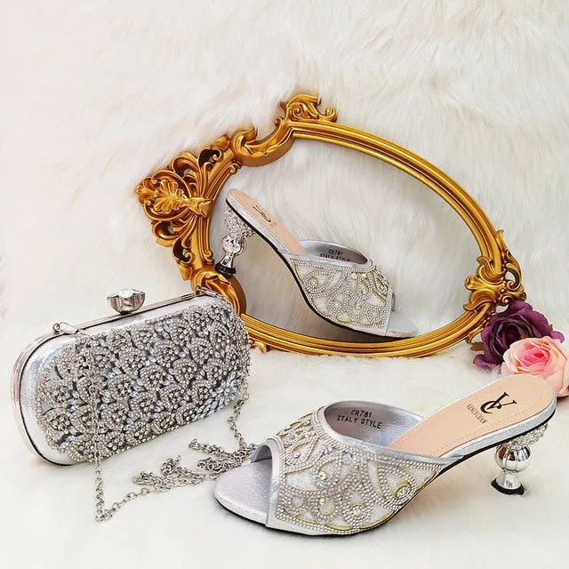 VENUS CHAN Rhinestone Accented Slip-On Heel Shoes with Matching Bag