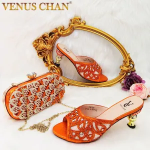 VENUS CHAN Rhinestone Accented Slip-On Heel Shoes with Matching Bag