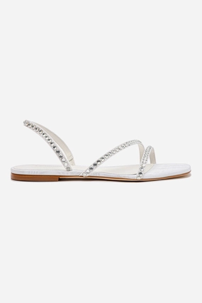Comfortable Wear Fashionable Design Vicky Flat Sandal In White Fabric and Crystals