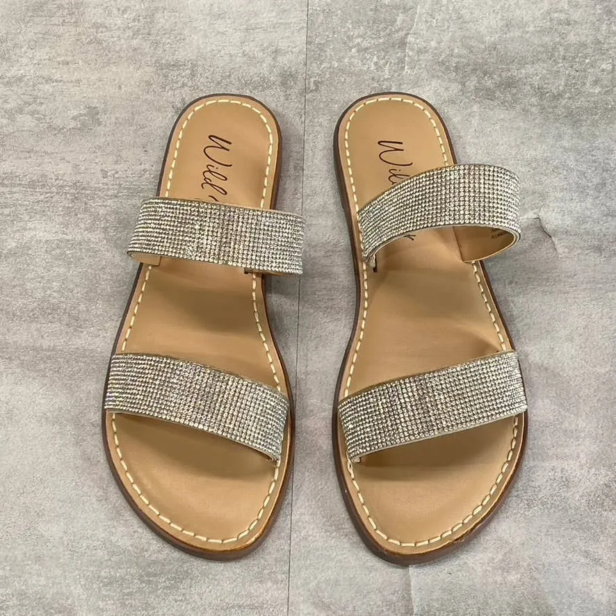 WILD PAIR Women's Sliver Bling Embellished Double-Strap Ginnie Slide Sandals SZ9