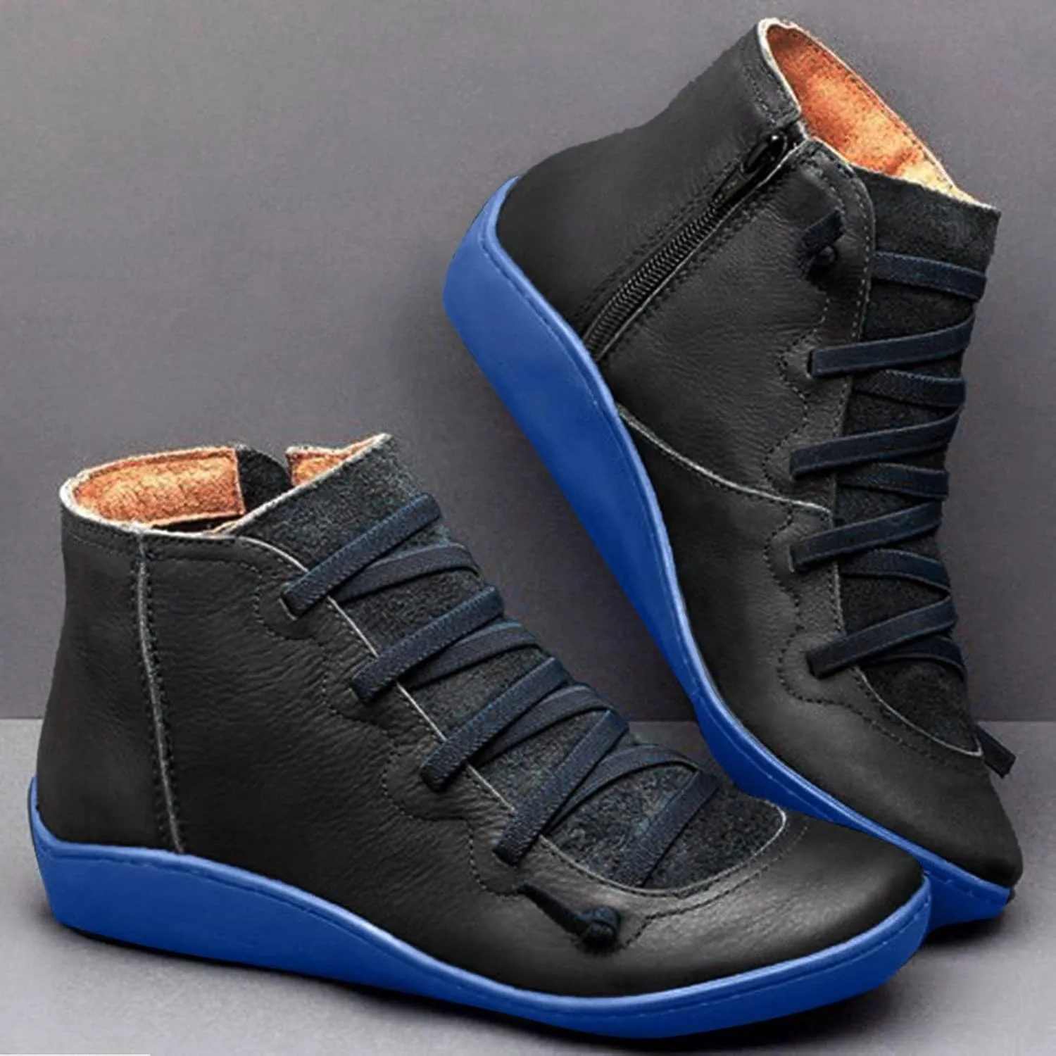 Winter Boots for Women 2024 Platform Boots Casual Retro Leather Round Toe Lace-up Shoe Side Zipper Flat Booties