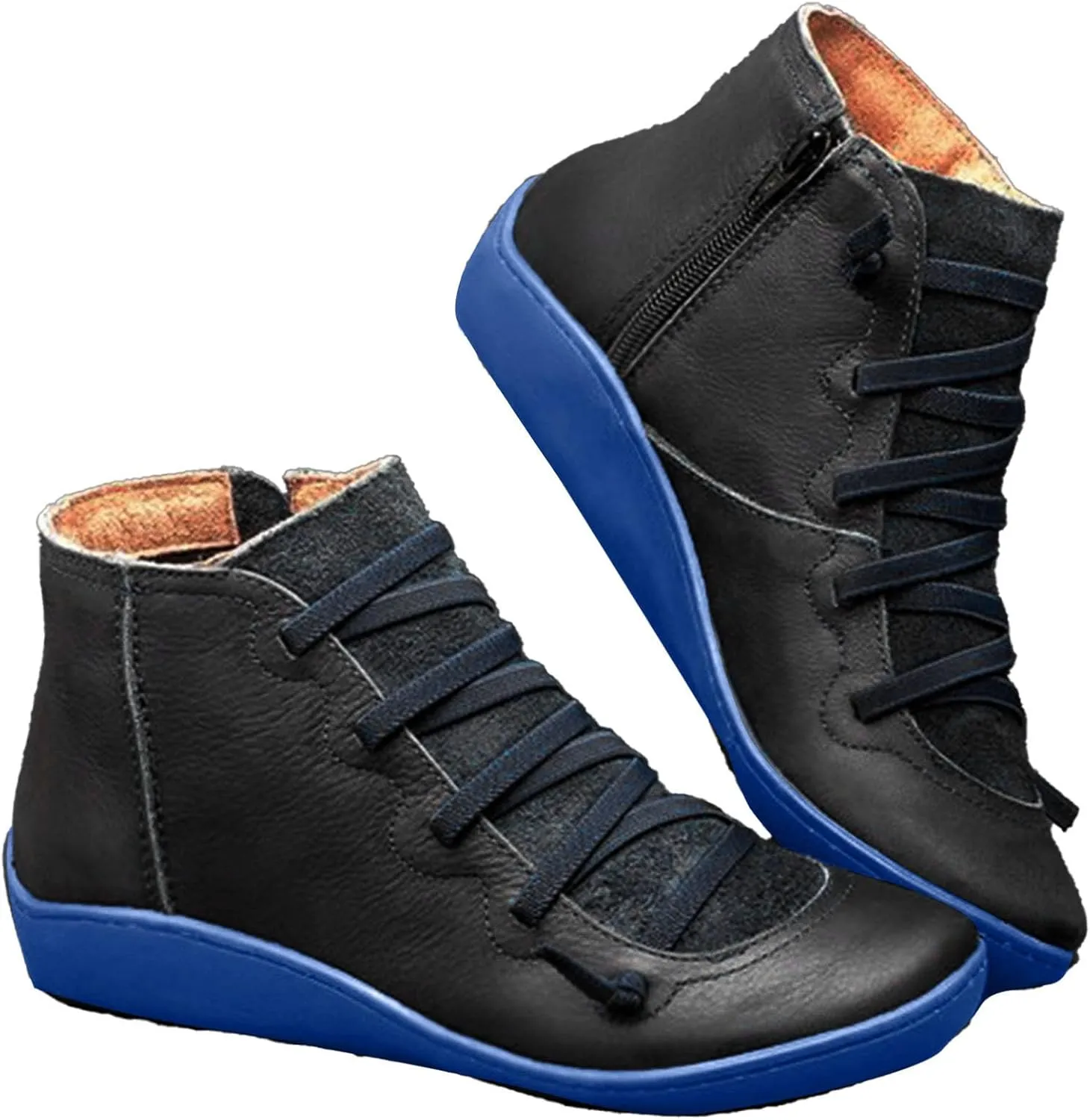Winter Boots for Women 2024 Platform Boots Casual Retro Leather Round Toe Lace-up Shoe Side Zipper Flat Booties