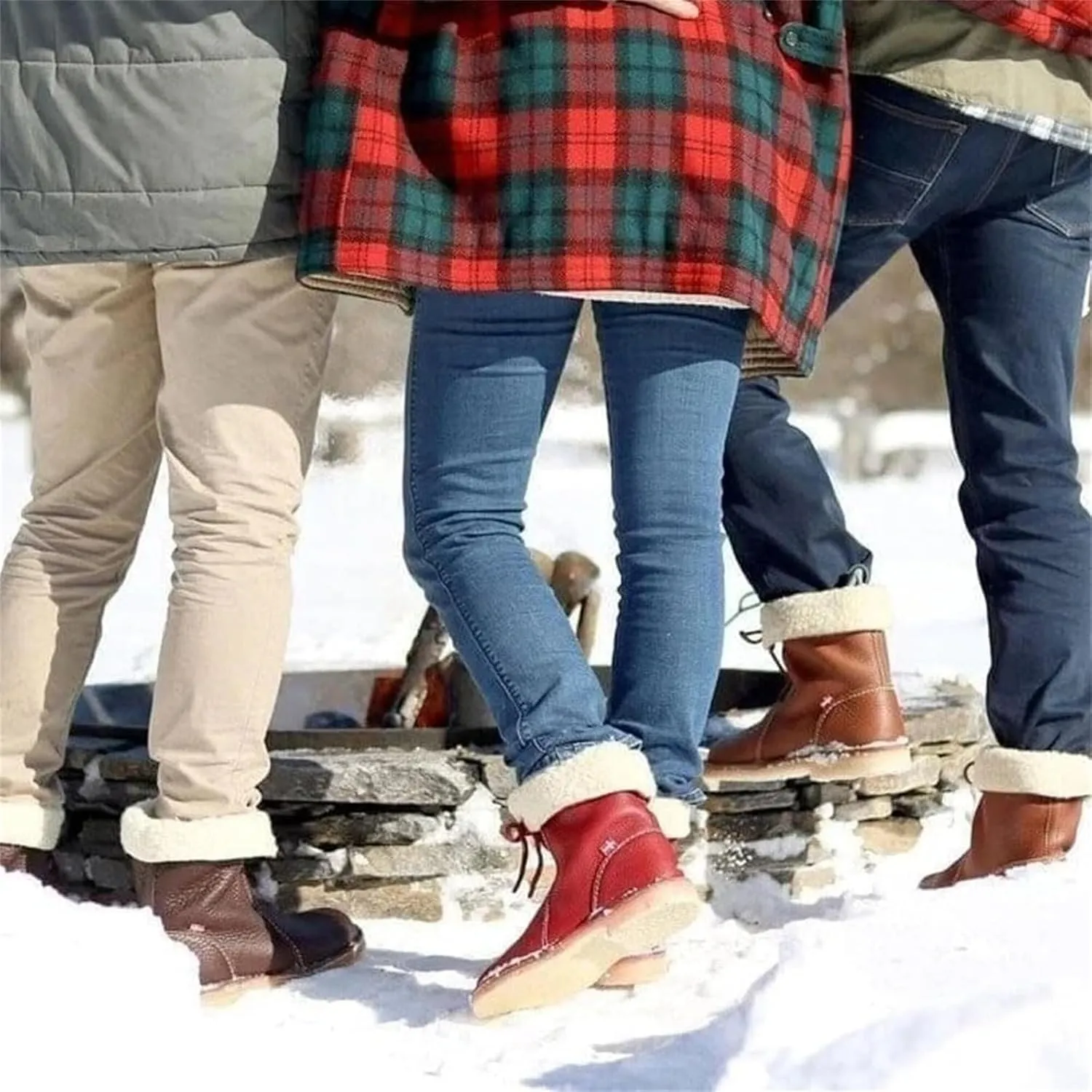 Winter Boots for Women Faux Fur Lined Slip On Mid Calf Chunky Heel Suede Ankle Boots Warm Comfy Snow Boots for Outdoor