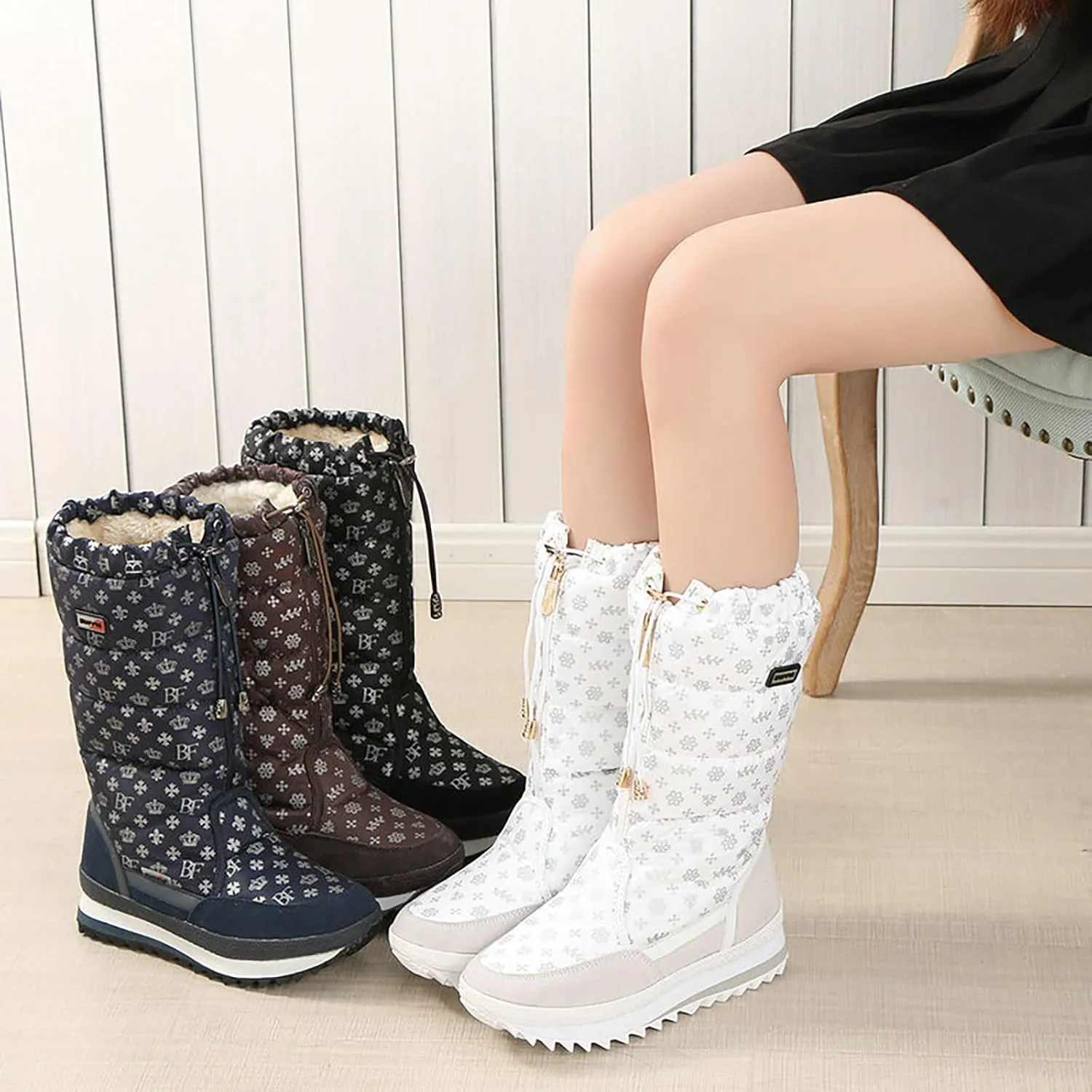 Winter Snow Boots for Women: Black Warm Fur Lined Slip on Ankle Boots Comfortable Waterproof Outdoor Shoes Thickening Warm