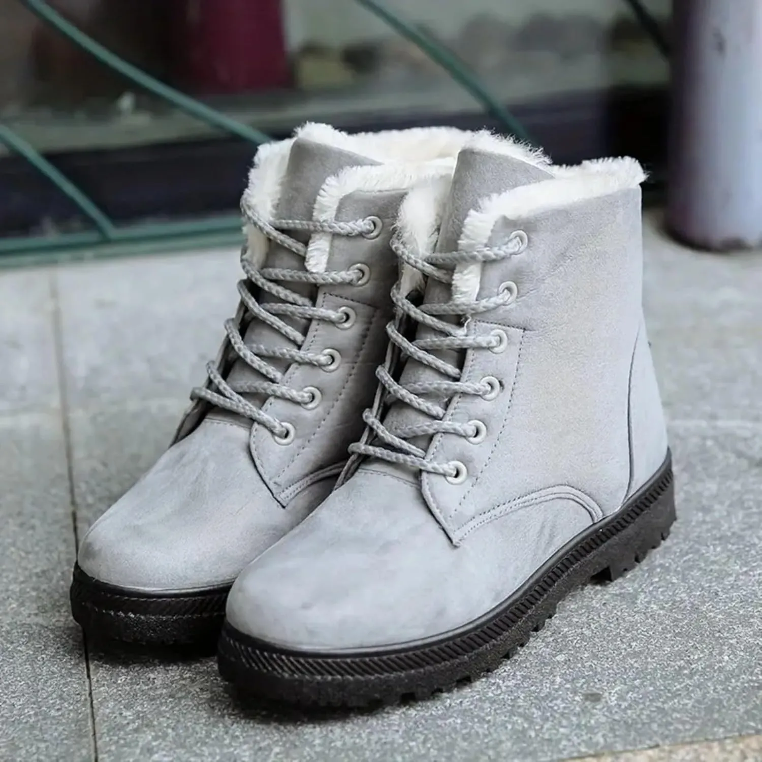 Winter Snow Boots for Women Warm Fur Lined Ankle Booties Lace Up Slip on Outdoor Walking Womens Boots