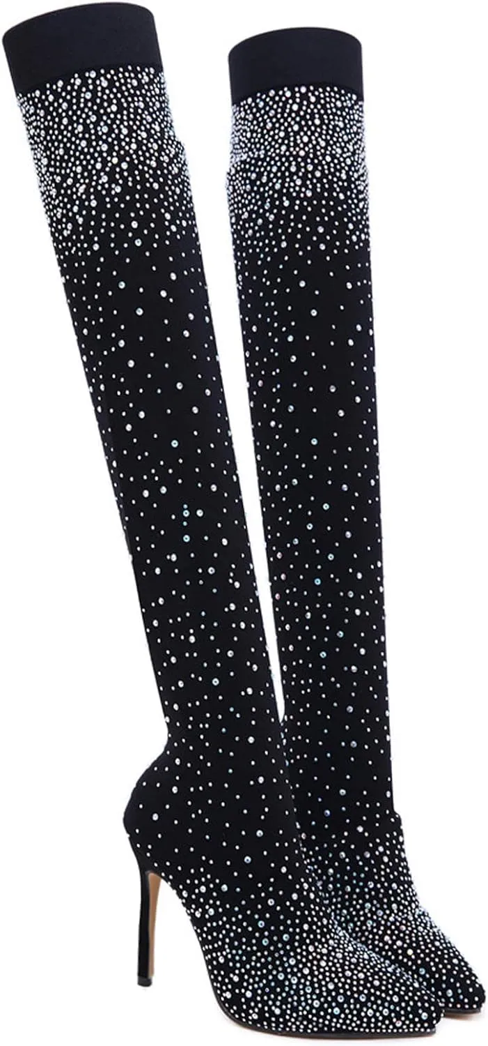 wodceeke Women's Rhinestone Thigh High Boots Pointed Toe Stiletto Over the Knee Boots Winter Warm Long Stretch Sock Boots