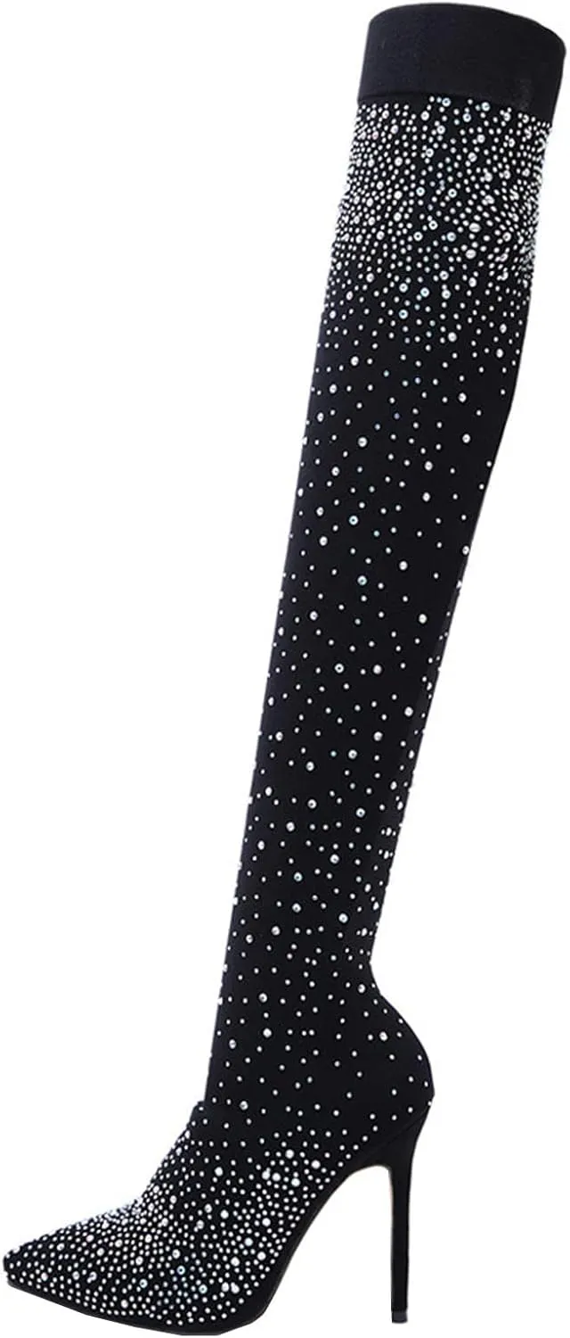 wodceeke Women's Rhinestone Thigh High Boots Pointed Toe Stiletto Over the Knee Boots Winter Warm Long Stretch Sock Boots