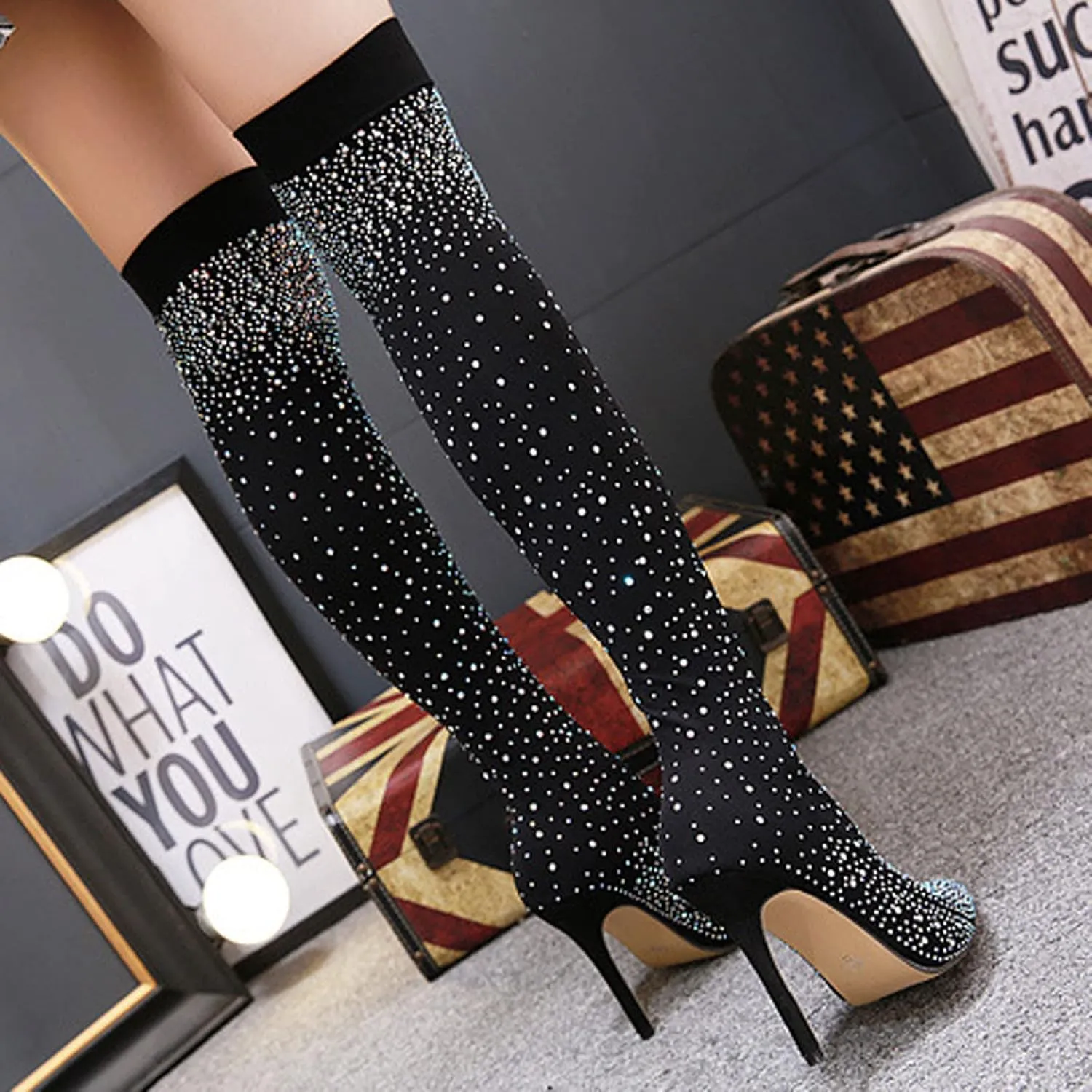 wodceeke Women's Rhinestone Thigh High Boots Pointed Toe Stiletto Over the Knee Boots Winter Warm Long Stretch Sock Boots