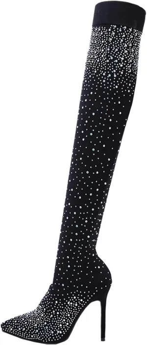 wodceeke Women's Rhinestone Thigh High Boots Pointed Toe Stiletto Over the Knee Boots Winter Warm Long Stretch Sock Boots