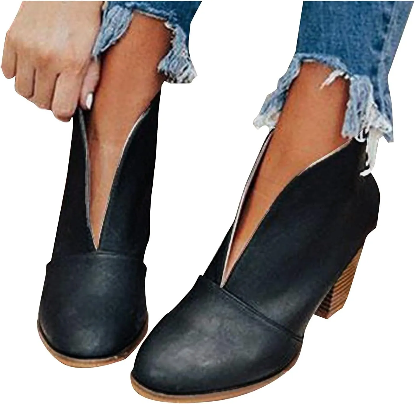 Women Boots Ankle Boots Chunky Heel Women Ankle Boots Slip on V cut Chunky Heel Pointed Toe Low Heel Ankle Boots