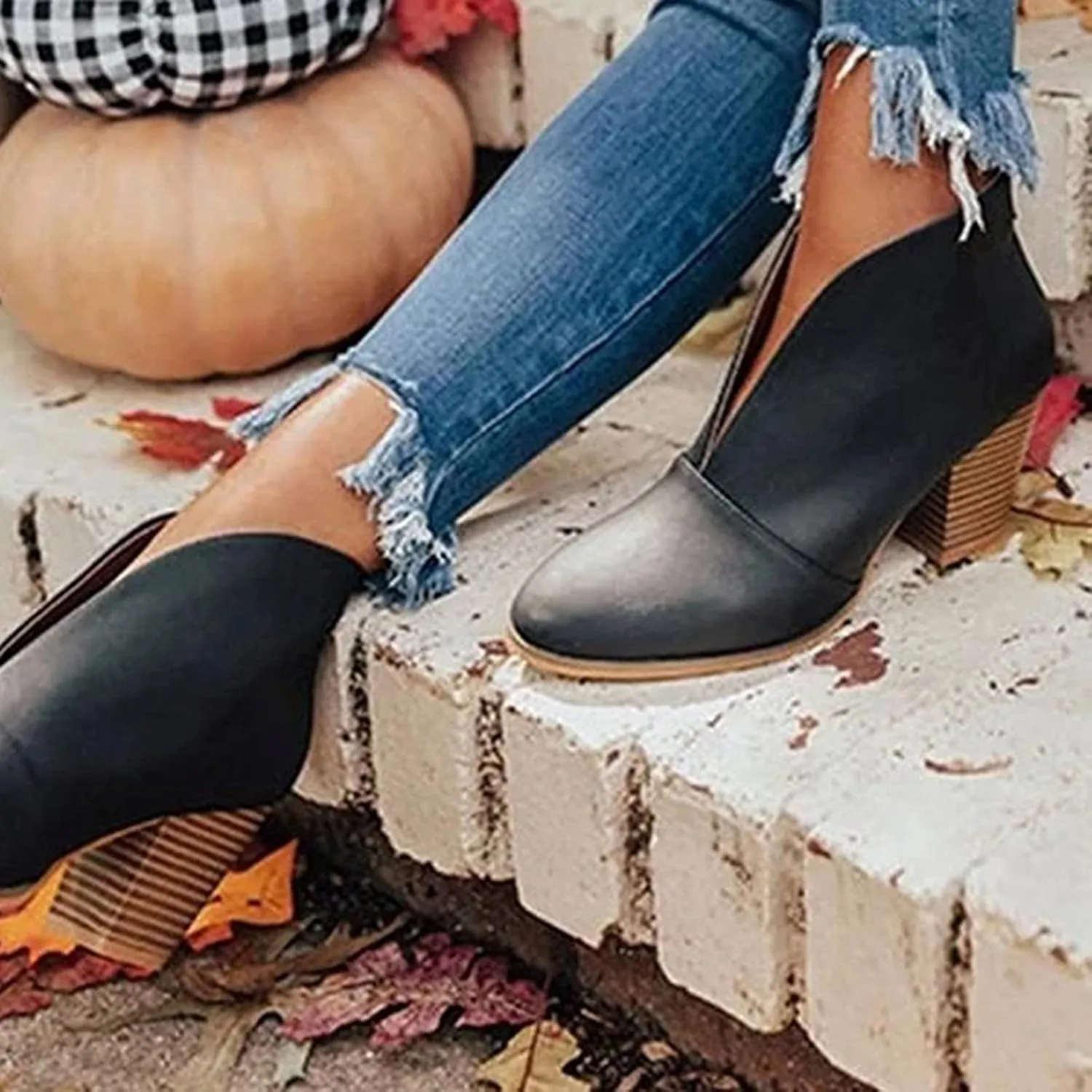 Women Boots Ankle Boots Chunky Heel Women Ankle Boots Slip on V cut Chunky Heel Pointed Toe Low Heel Ankle Boots