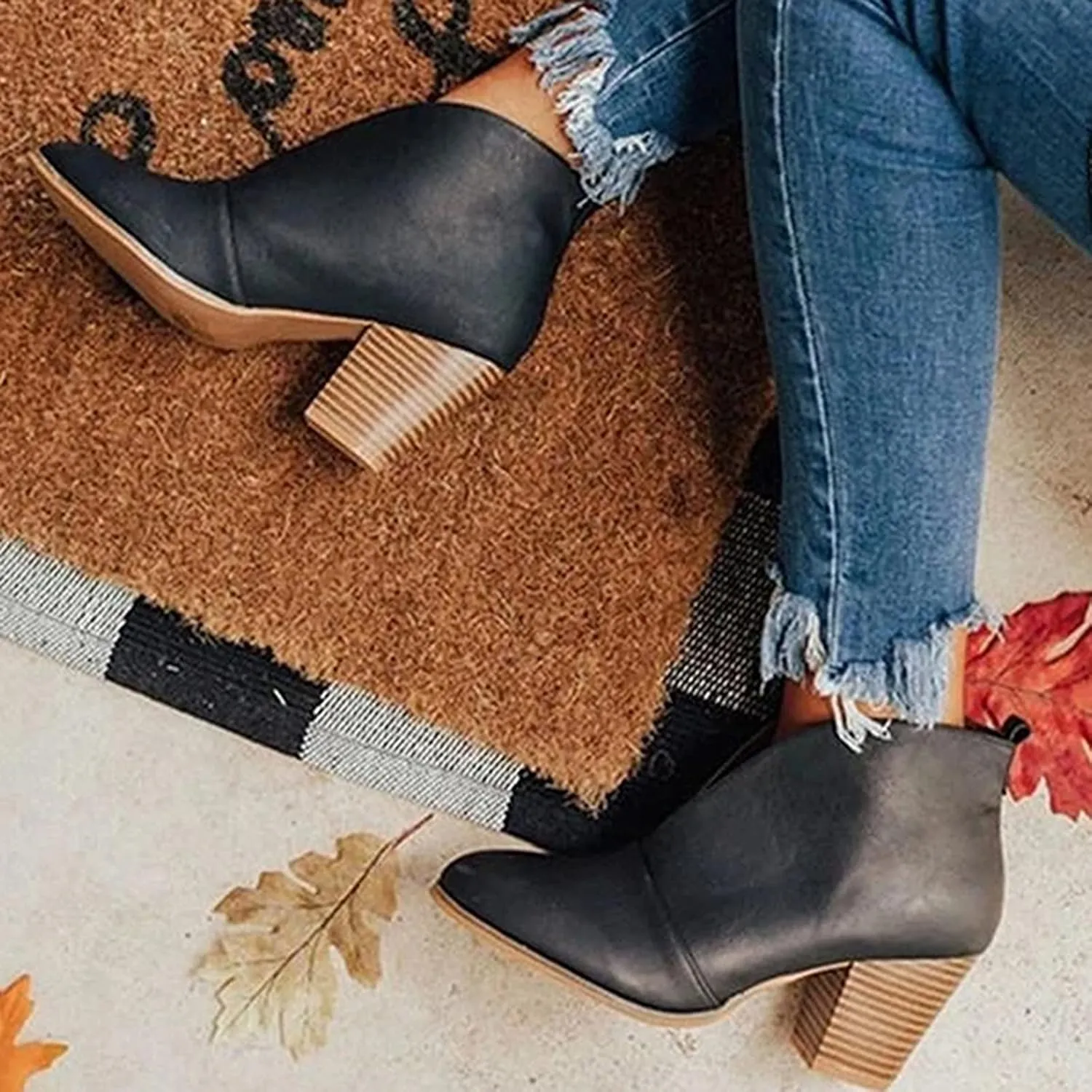 Women Boots Ankle Boots Chunky Heel Women Ankle Boots Slip on V cut Chunky Heel Pointed Toe Low Heel Ankle Boots