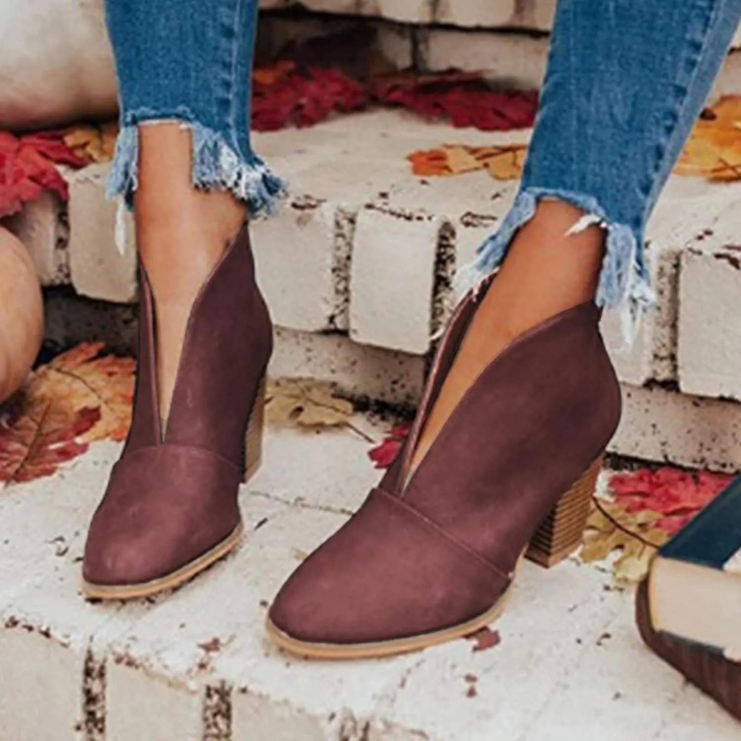 Women Boots Ankle Boots Chunky Heel Women Ankle Boots Slip on V cut Chunky Heel Pointed Toe Low Heel Ankle Boots