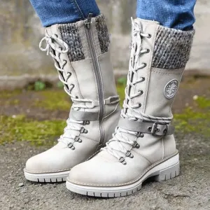 Women Buckle Lace Knitted Mid-calf Boots
