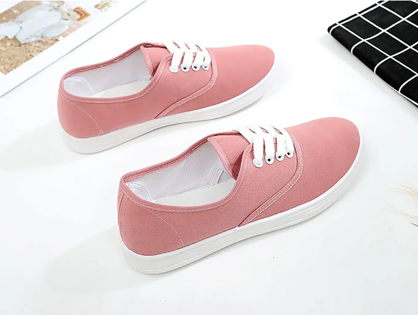 Women Canvas Sneakers Cute Walking Shoes Classic Canvas Shoes Comfort Lace Up Tennis Shoes Lightweight Textile Flats Shoes Foam Flat Shoes Biscuit Shoes