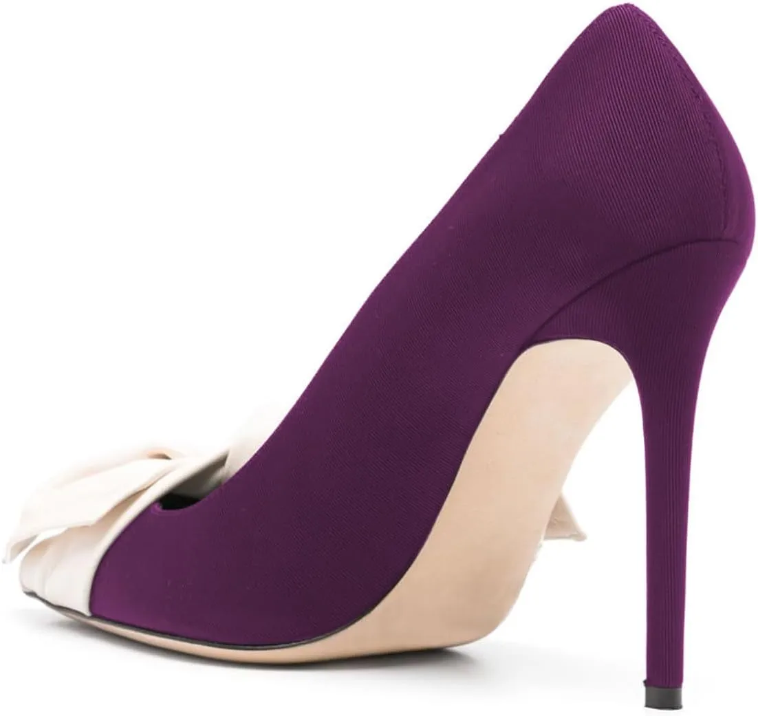 Women Elegant Bow Knot Pointed Toe Pumps Stiletto High Heel Slip on Wedding Prom Dress Formal Shoes Size 4-16 US