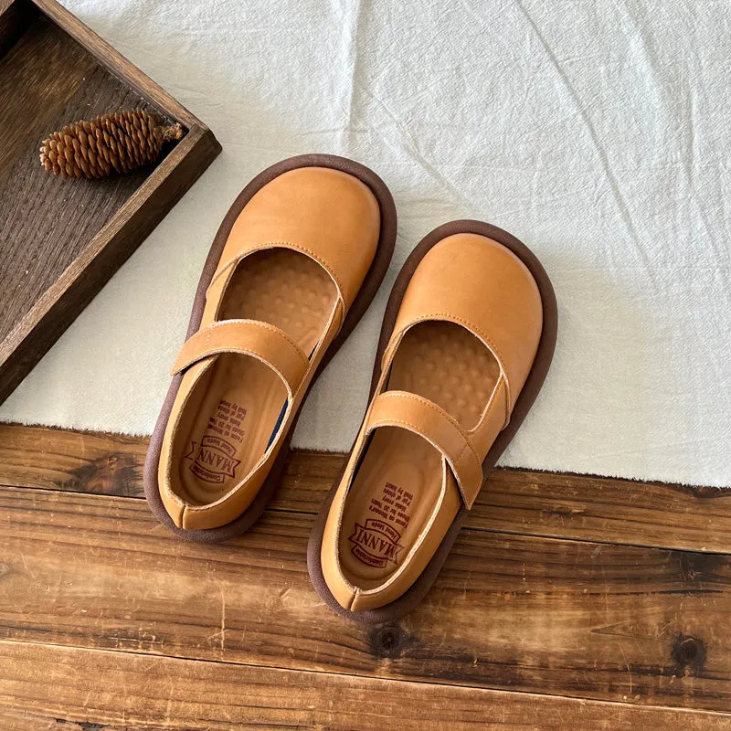 Women Retro Leather Velcro Tape Flat Loafers