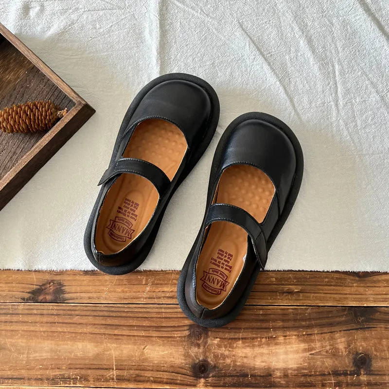 Women Retro Leather Velcro Tape Flat Loafers