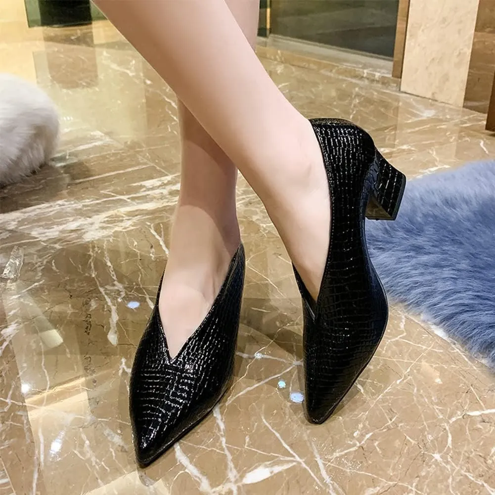 Women V Cut Out Pointed Toe High Heel Court Shoes Slip On Stacked Heel Ankle Boots Patent Leather Booties Wedding Dress Formal Shoes (Color : Black Chunky Heel, Size : 7 US)