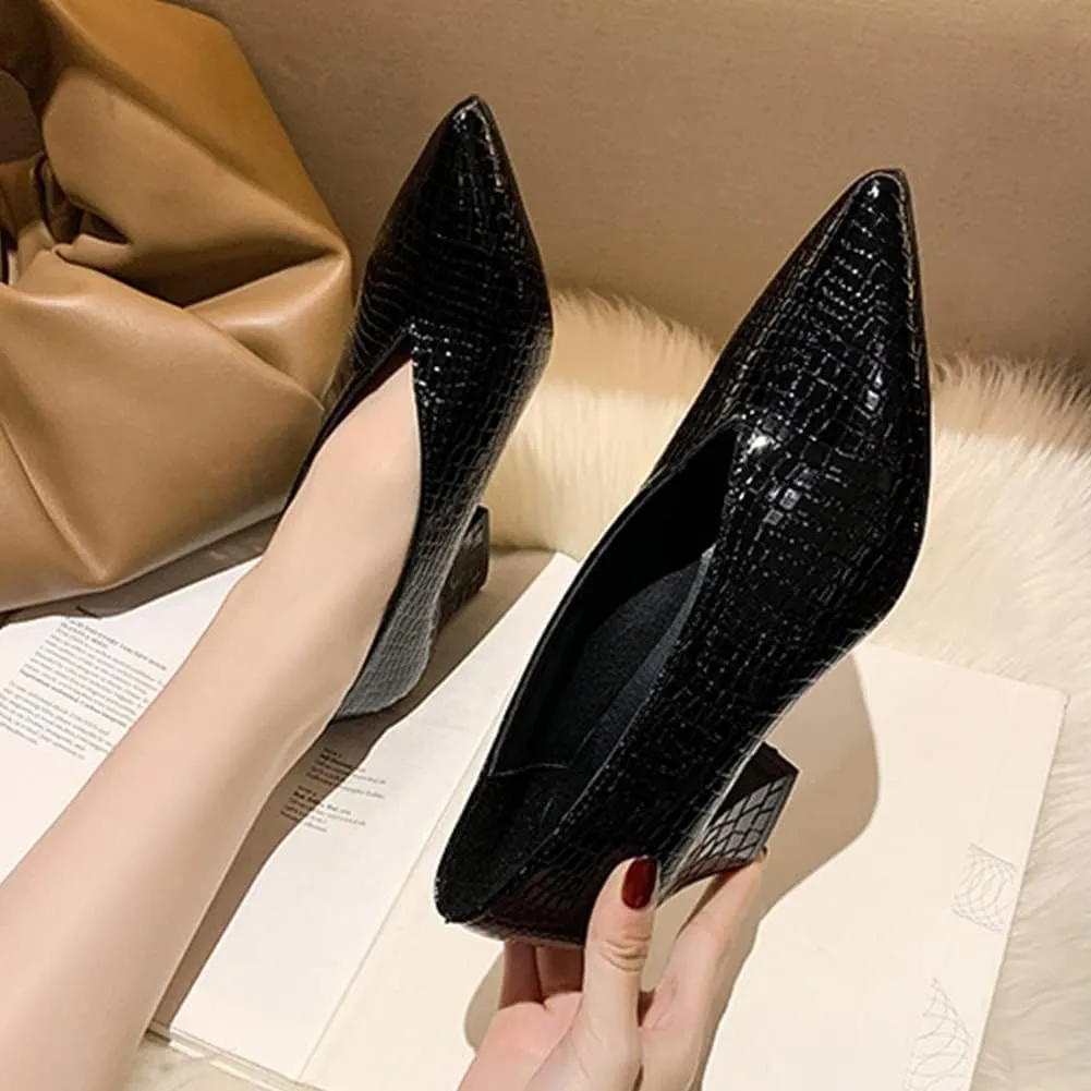 Women V Cut Out Pointed Toe High Heel Court Shoes Slip On Stacked Heel Ankle Boots Patent Leather Booties Wedding Dress Formal Shoes (Color : Black Chunky Heel, Size : 7 US)