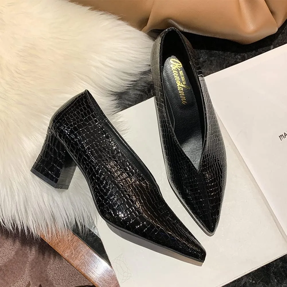 Women V Cut Out Pointed Toe High Heel Court Shoes Slip On Stacked Heel Ankle Boots Patent Leather Booties Wedding Dress Formal Shoes (Color : Black Chunky Heel, Size : 7 US)