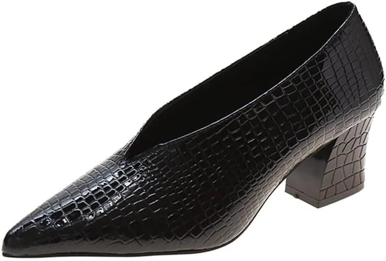 Women V Cut Out Pointed Toe High Heel Court Shoes Slip On Stacked Heel Ankle Boots Patent Leather Booties Wedding Dress Formal Shoes (Color : Black Chunky Heel, Size : 7 US)
