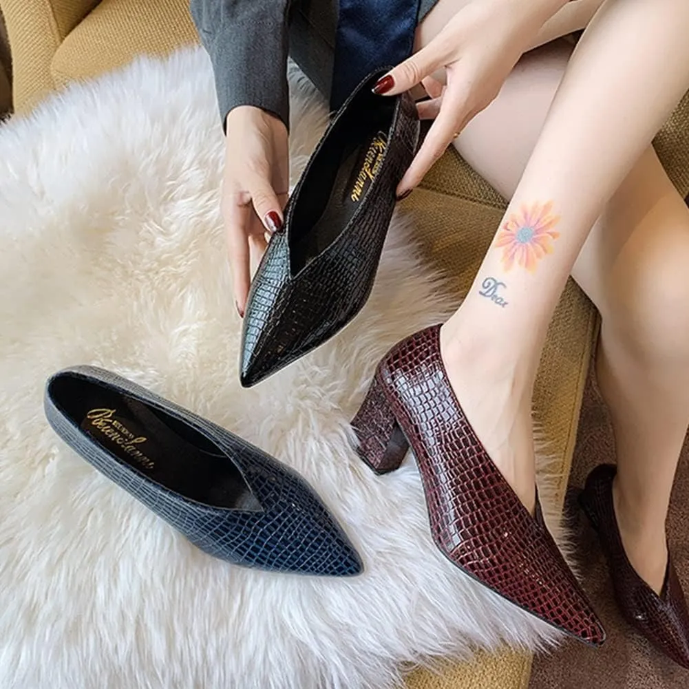 Women V Cut Out Pointed Toe High Heel Court Shoes Slip On Stacked Heel Ankle Boots Patent Leather Booties Wedding Dress Formal Shoes (Color : Black Chunky Heel, Size : 7 US)