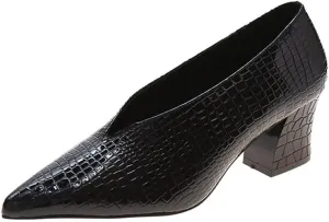 Women V Cut Out Pointed Toe High Heel Court Shoes Slip On Stacked Heel Ankle Boots Patent Leather Booties Wedding Dress Formal Shoes (Color : Black Chunky Heel, Size : 7 US)