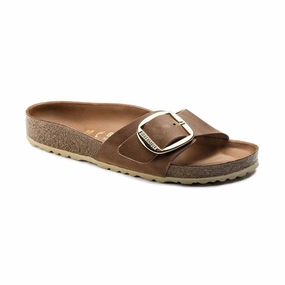 Smooth Comfort Sandals Modern Slides Women's Madrid Big Buckle Narrow Cognac Oiled Leather