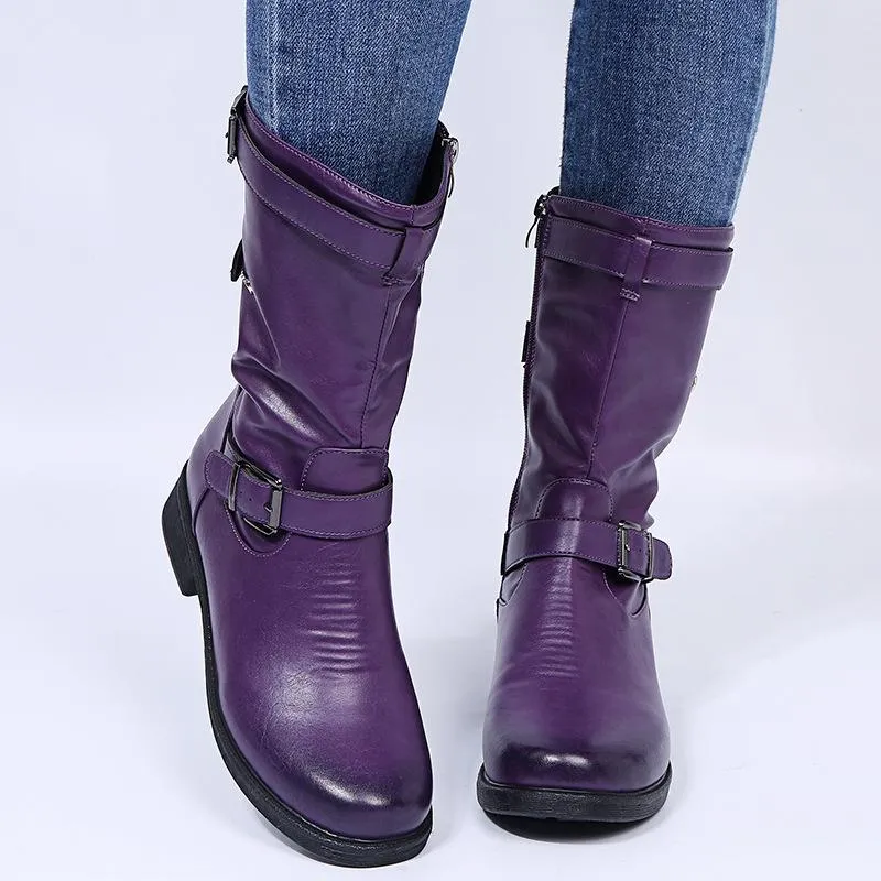 Women's buckle strap mid calf motorcycle boots low heel