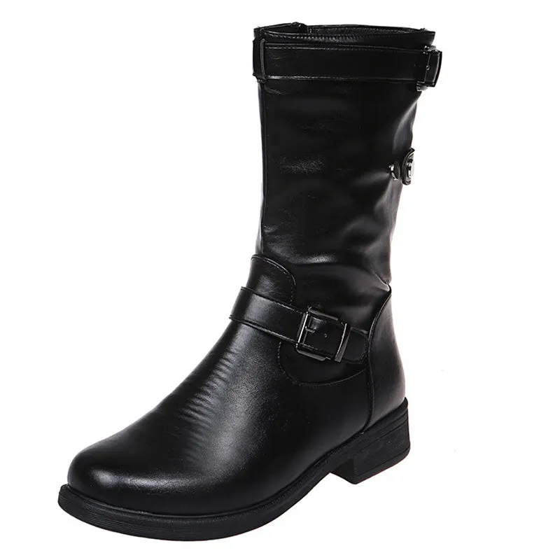 Women's buckle strap mid calf motorcycle boots low heel