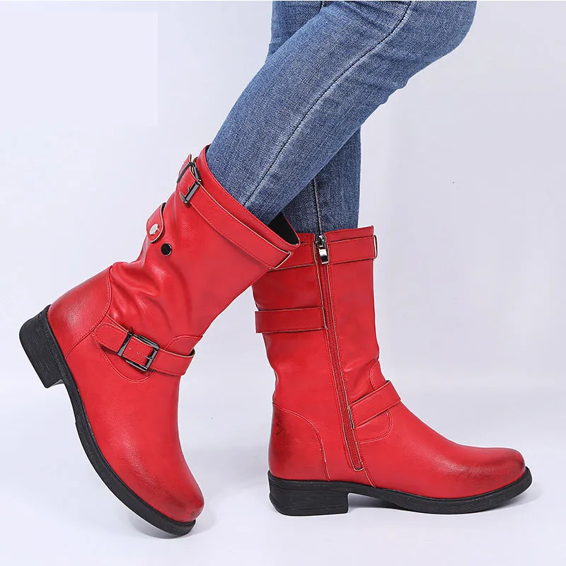 Women's buckle strap mid calf motorcycle boots low heel