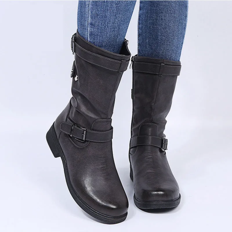 Women's buckle strap mid calf motorcycle boots low heel
