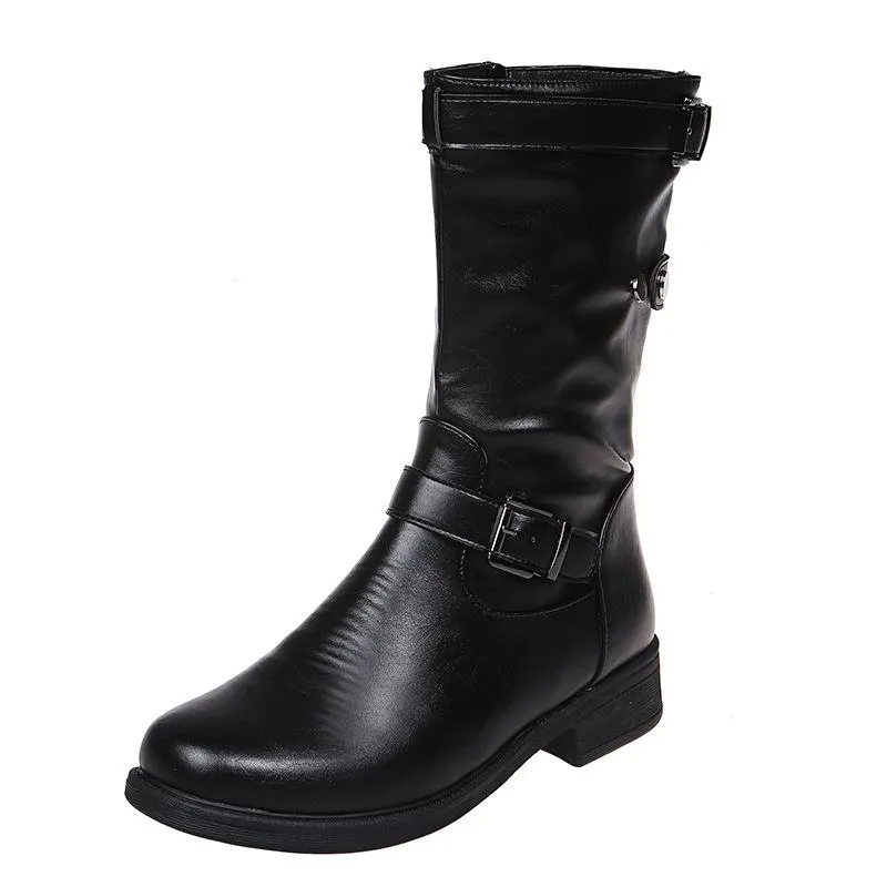 Women's buckle strap mid calf motorcycle boots low heel