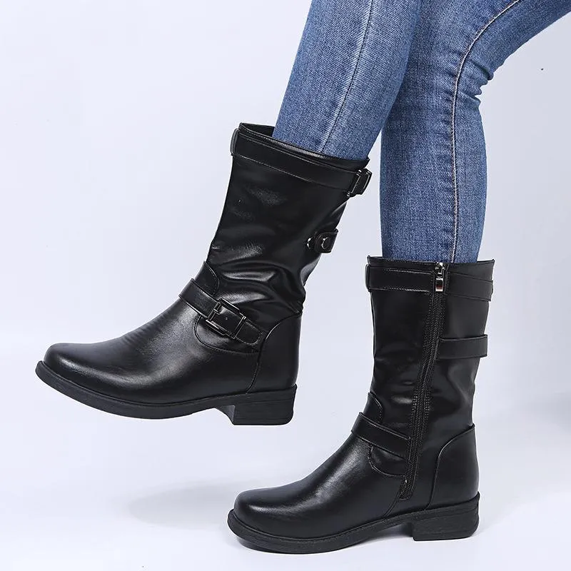 Women's buckle strap mid calf motorcycle boots low heel