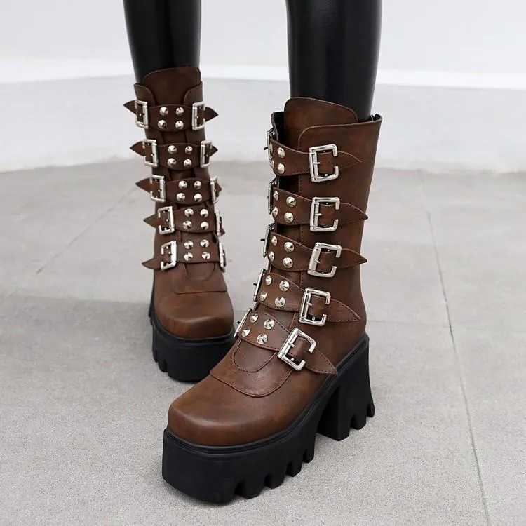 Women's buckle straps mid calf chunky motorcycle boots