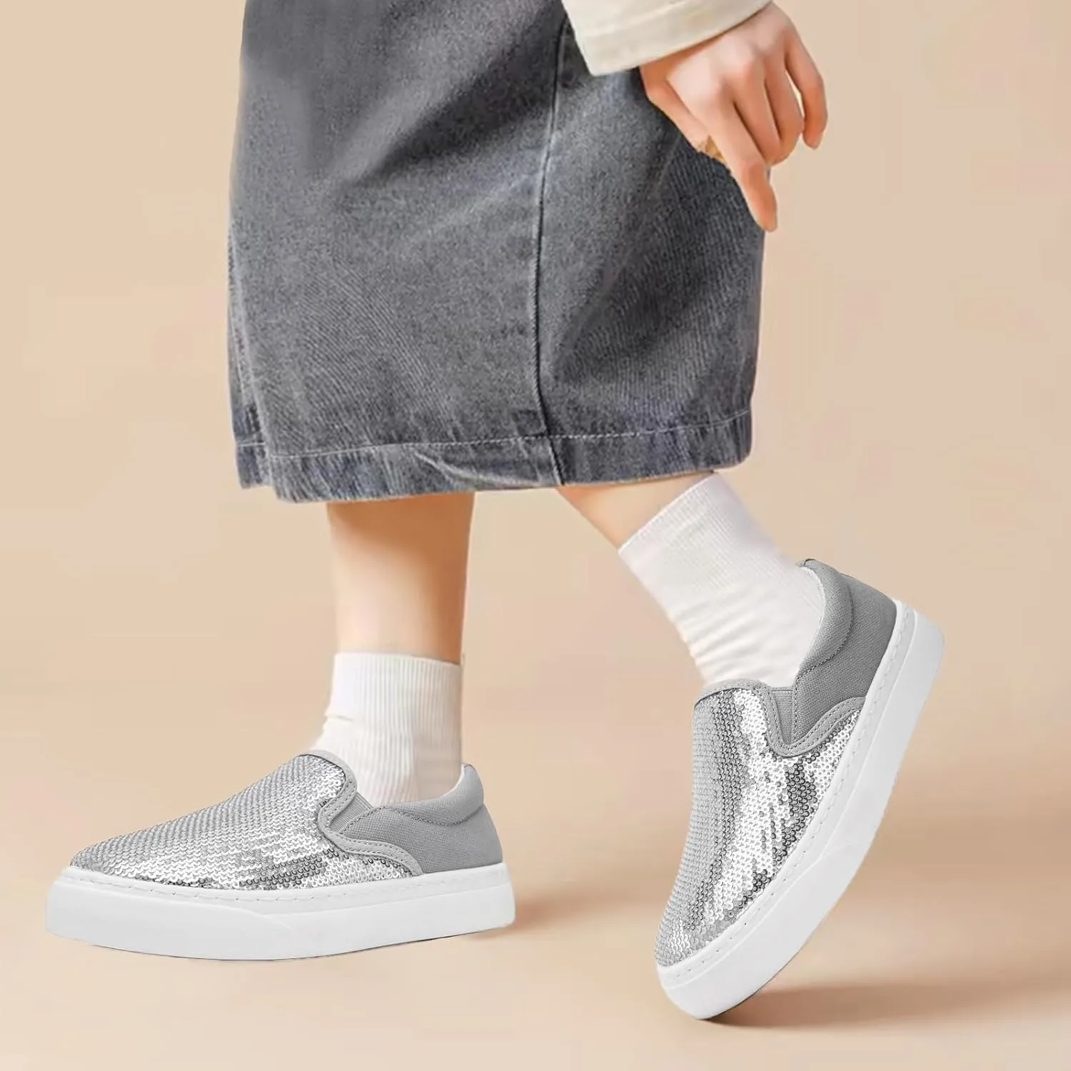 Women's Canvas Slip On Shoes Glitter Sequin Sneakers Sparkly Flat Loafers Casual Comfortable Tennis Shoes for Women