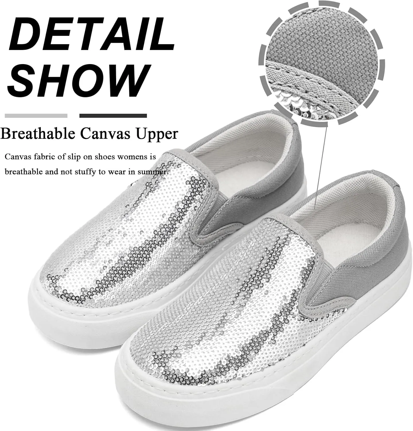 Women's Canvas Slip On Shoes Glitter Sequin Sneakers Sparkly Flat Loafers Casual Comfortable Tennis Shoes for Women