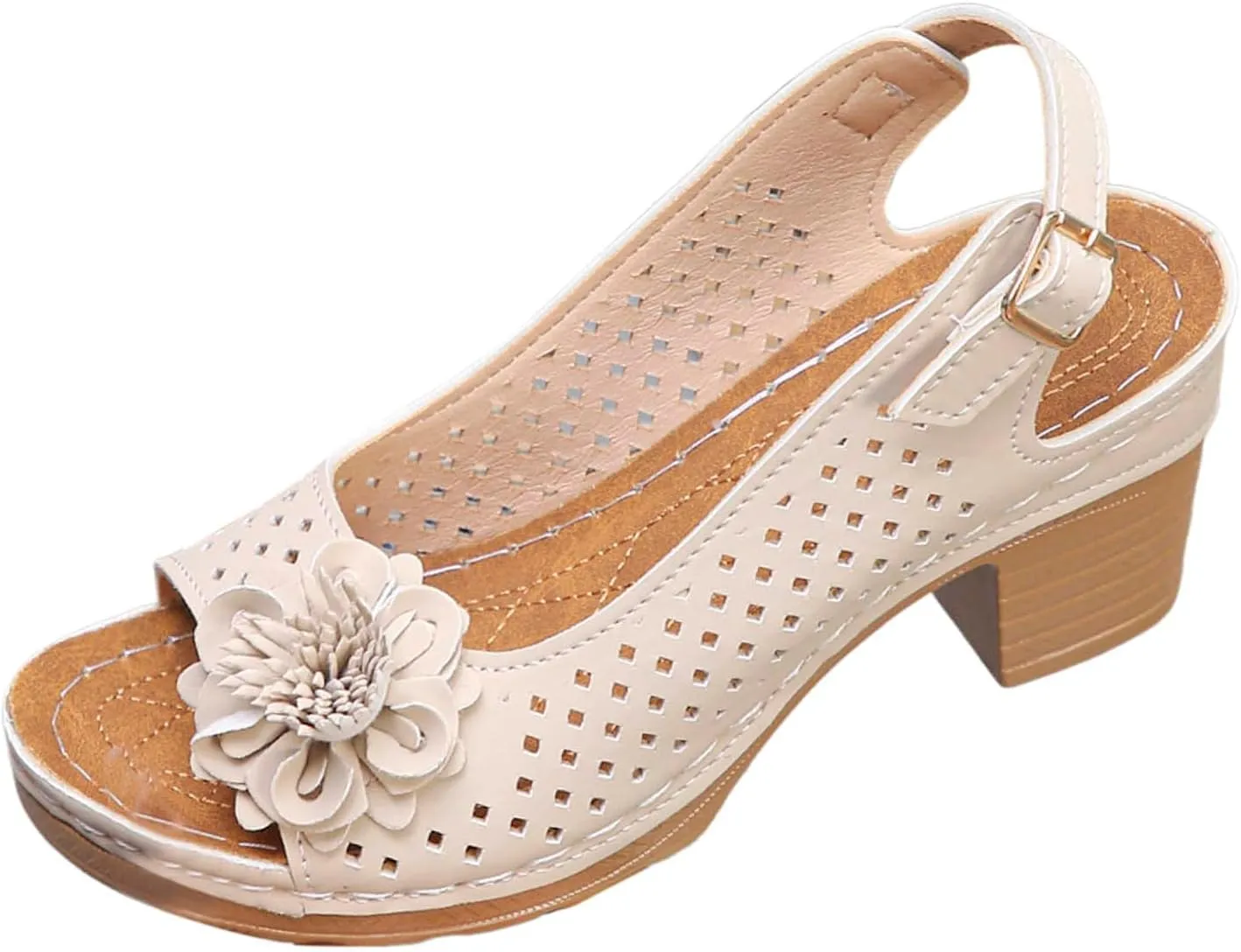 Womens Chunky High Block Heels Fish Mouth Flowers Sandals 2025 Summer Casual Ankle Strap Hollow Out Platform Wedge Sandal