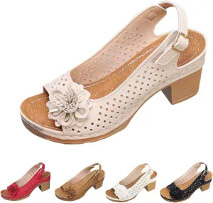 Womens Chunky High Block Heels Fish Mouth Flowers Sandals 2025 Summer Casual Ankle Strap Hollow Out Platform Wedge Sandal