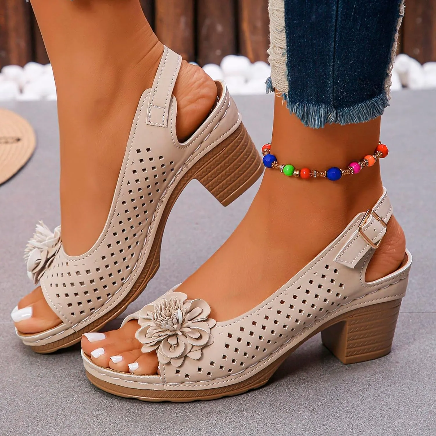 Womens Chunky High Block Heels Fish Mouth Flowers Sandals 2025 Summer Casual Ankle Strap Hollow Out Platform Wedge Sandal