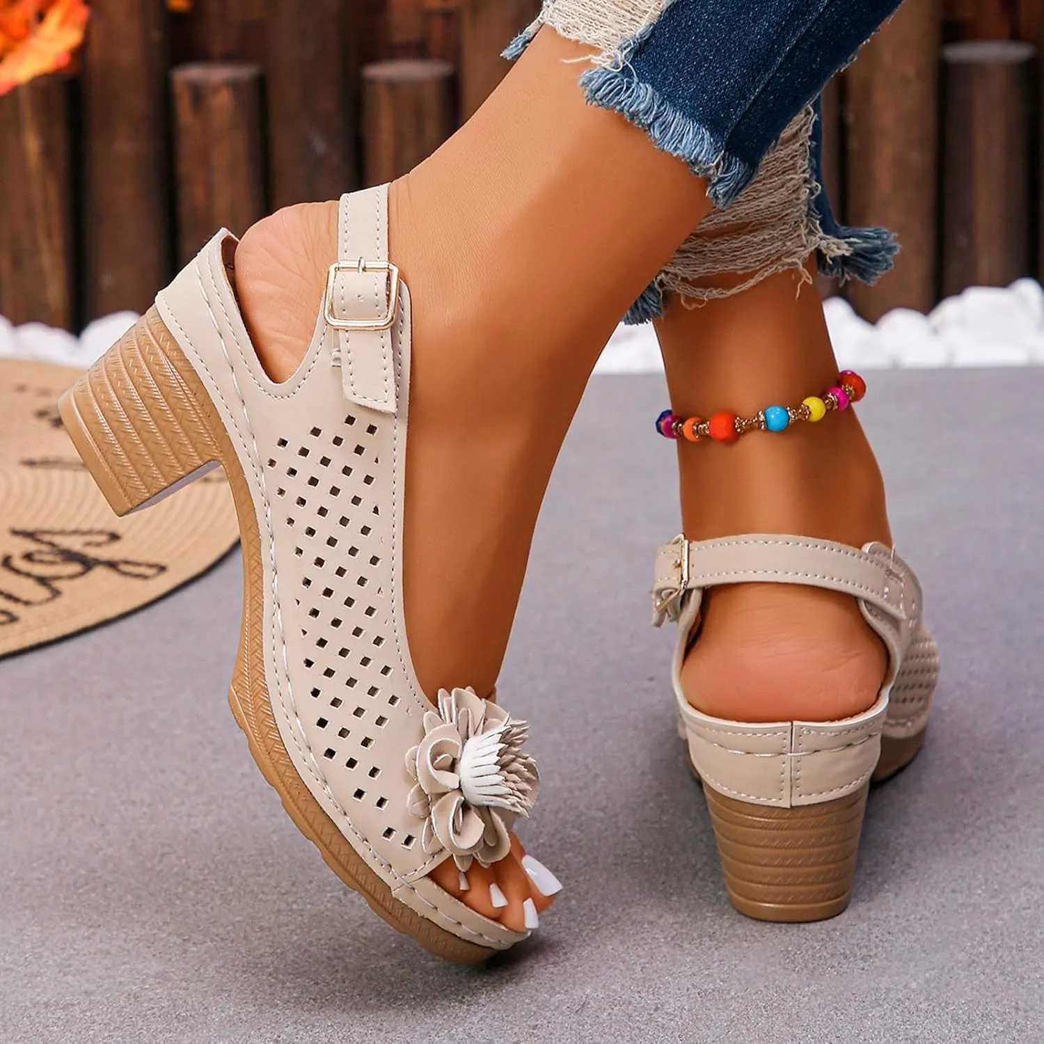 Womens Chunky High Block Heels Fish Mouth Flowers Sandals 2025 Summer Casual Ankle Strap Hollow Out Platform Wedge Sandal